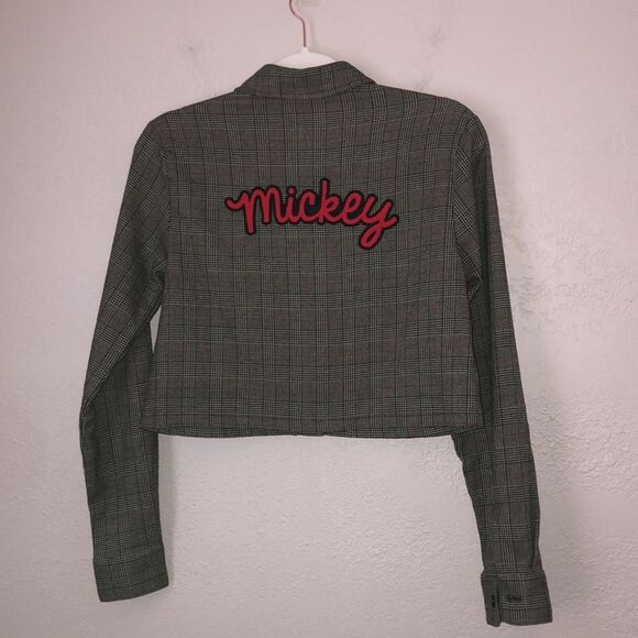 Disney X Forever 21 Size S Micky Mouse Plaid Crop Long Sleeve Button Up Shirt - Picture 2 of 9